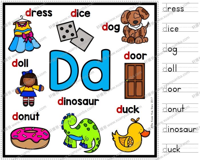 《Alphabet Anchor Chart 英文字母海报》ABC彩色单词描红黑白趣味涂色 PDF格式 百度网盘下载