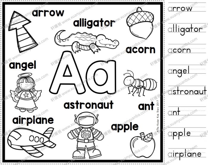 《Alphabet Anchor Chart 英文字母海报》ABC彩色单词描红黑白趣味涂色 PDF格式 百度网盘下载