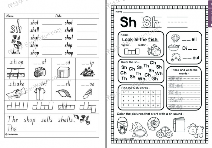 《"Sh”相关练习作业纸》英文自然拼读练习7套PDF百度云网盘下载