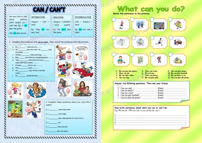 《Can worksheets》关于Can的用法语法专项练习纸9套PDF 百度网盘下载