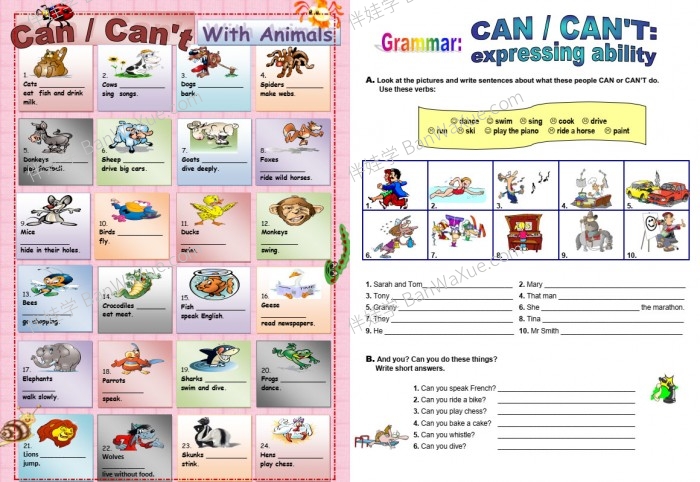 《Can worksheets》关于Can的用法语法专项练习纸9套PDF 百度网盘下载