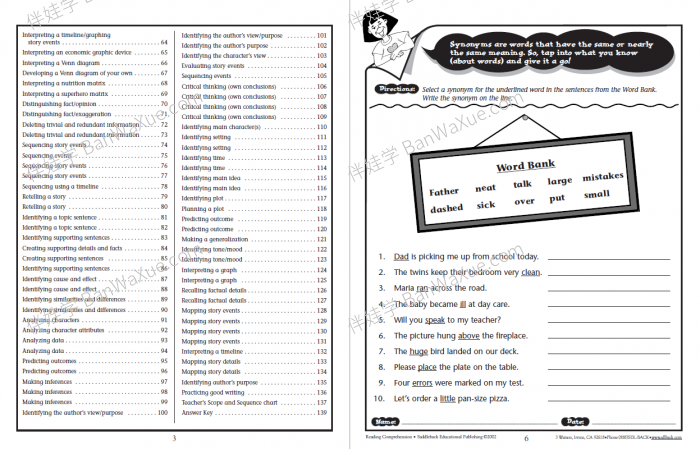 《Reading Comprehension Skills and Strategies Levels 3-8》小学阅读理解练习册3-8级