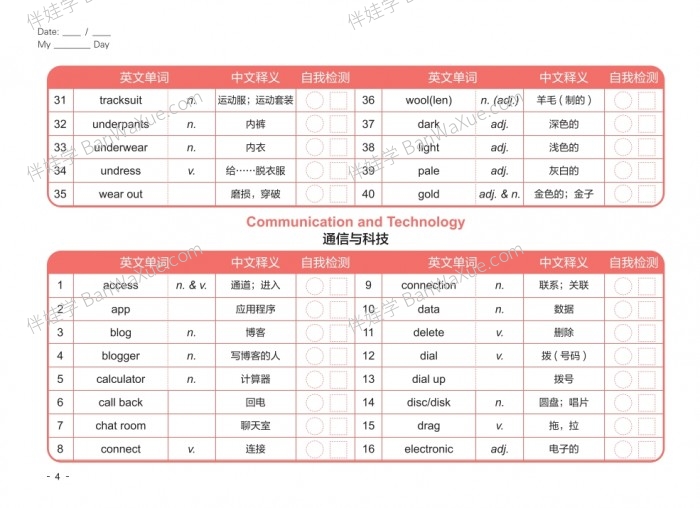 《KET PET词汇自检表》词汇巩固练习每日打卡PDF  百度网盘下载