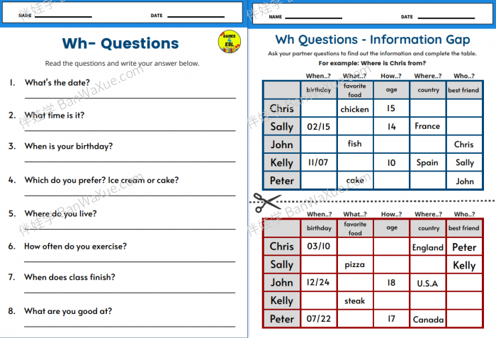 《Wh-Questions – Worksheets 5份》Wh 疑问句疑问词语法练习册PDF百度云网盘下载