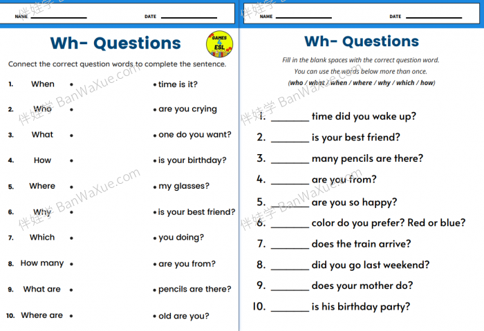 《Wh-Questions – Worksheets 5份》Wh 疑问句疑问词语法练习册PDF百度云网盘下载
