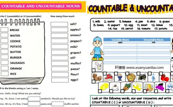 《可数和不可数名词》高清语法练习纸7份 PDF百度云网盘下载