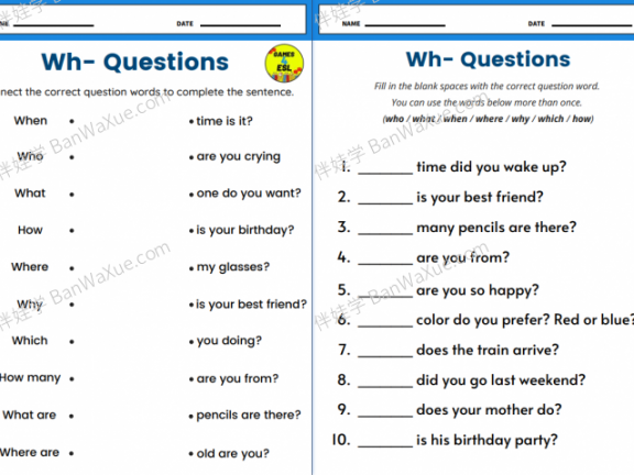 《Wh-Questions – Worksheets 5份》Wh 疑问句疑问词语法练习册PDF百度云网盘下载