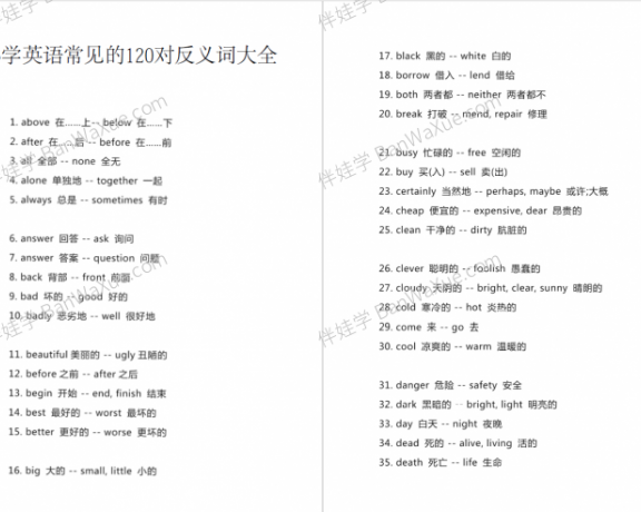 《小学英语常见的120对反义词大全》反义词词语汇总PDF 百度云网盘下载