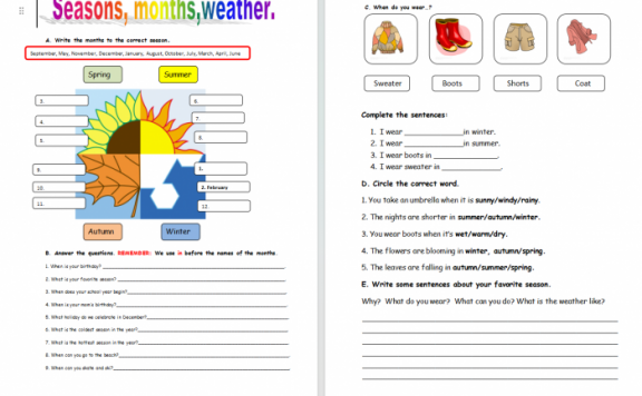 《Seasons 一年四季月份》小学英语四份Worksheet Word 百度云网盘下载